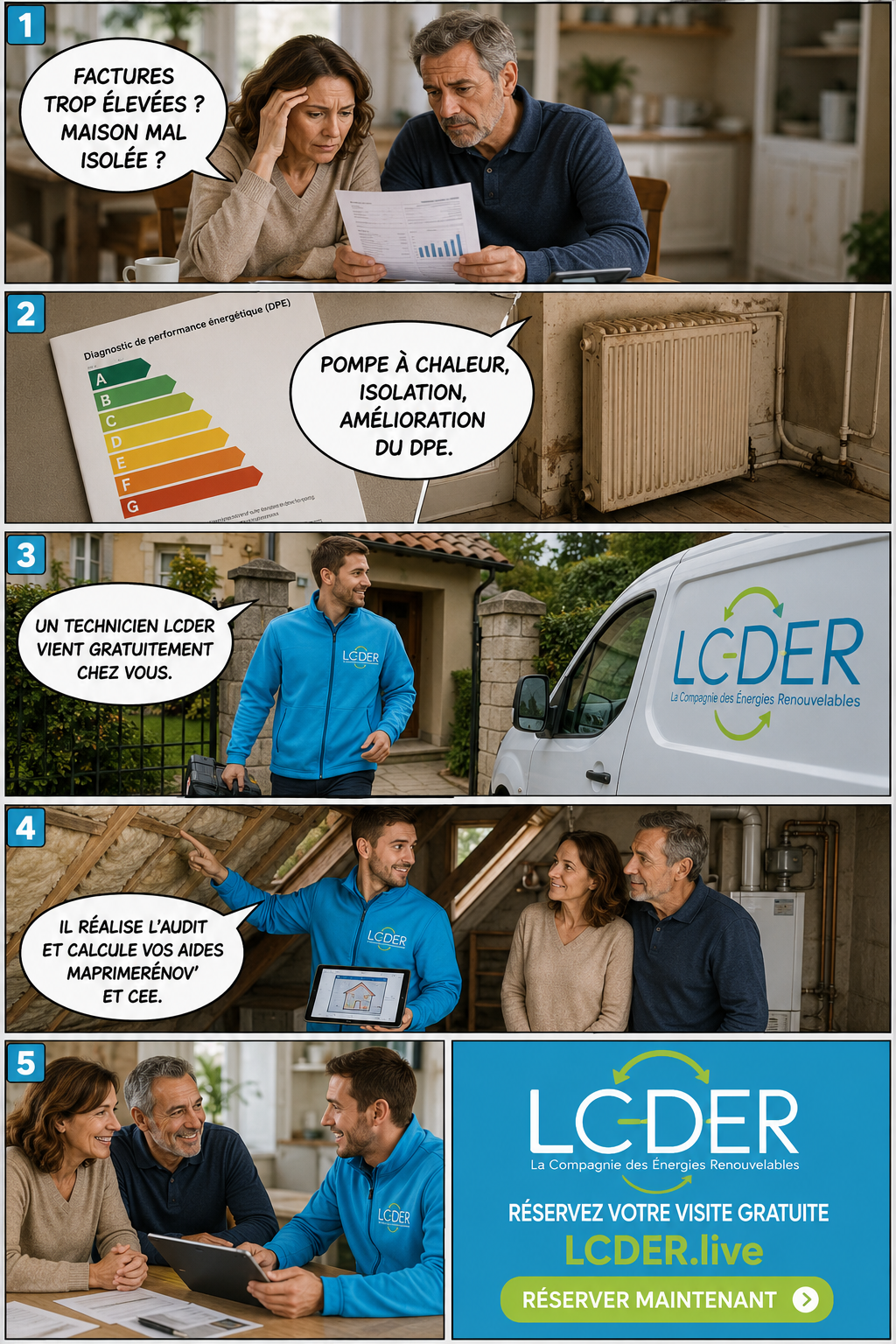 Les 5 étapes d'un projet de rénovation énergétique avec LCDER : 1. Factures trop élevées, maison mal isolée. 2. Diagnostic DPE, pompe à chaleur, isolation. 3. Un technicien LCDER vient gratuitement chez vous. 4. Il réalise l'audit et calcule vos aides MaPrimeRénov' et CEE. 5. Réservez votre visite gratuite sur LCDER.live.