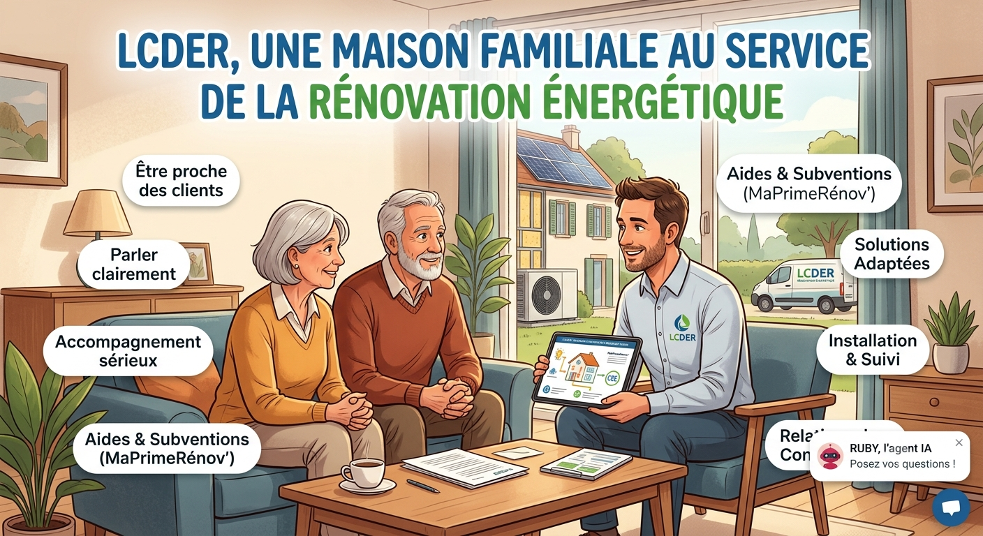 Conseiller LCDER présentant un projet de rénovation énergétique à une famille dans une maison, avec aides MaPrimeRénov', CEE, installation et suivi.