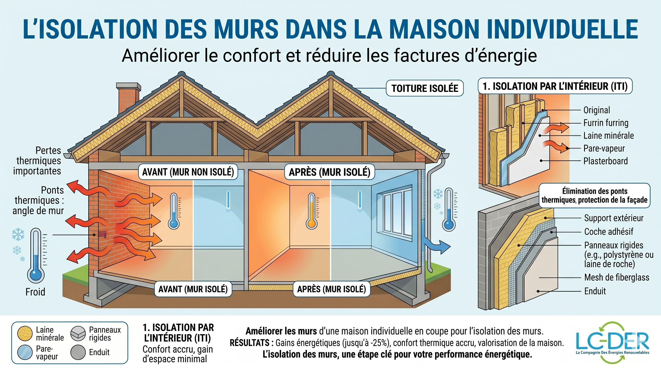 Schéma d'isolation des murs dans la maison individuelle : ITE et ITI, avant et après isolation, avec détail des couches isolantes