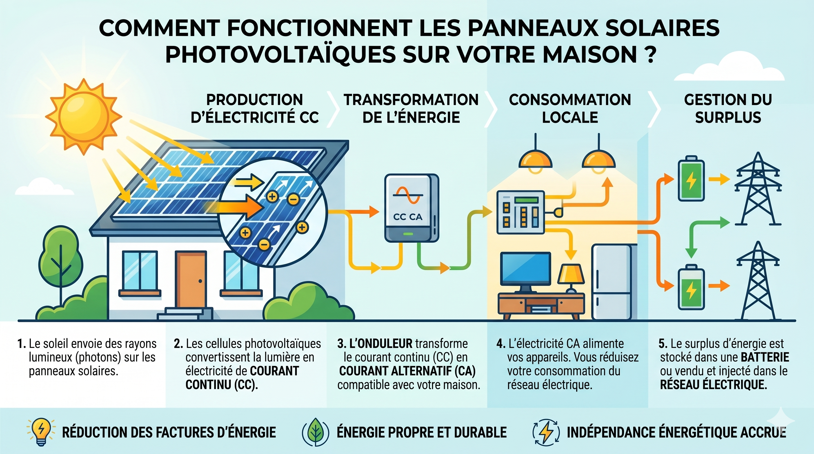 Schéma de fonctionnement de panneaux solaires photovoltaïques avec toiture, soleil, onduleur, autoconsommation et surplus injecté