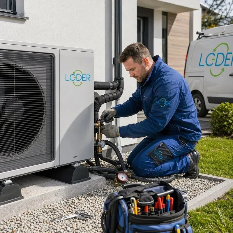 Technicien LCDER installant une pompe à chaleur air-eau