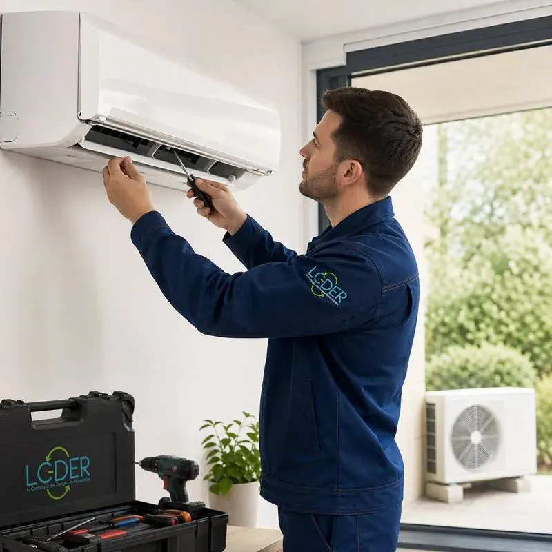 Technicien LCDER installant une climatisation réversible