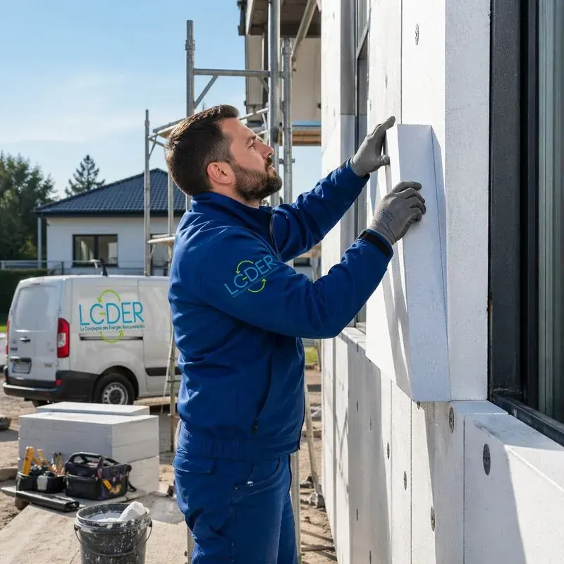Technicien LCDER posant une isolation thermique par l'extérieur