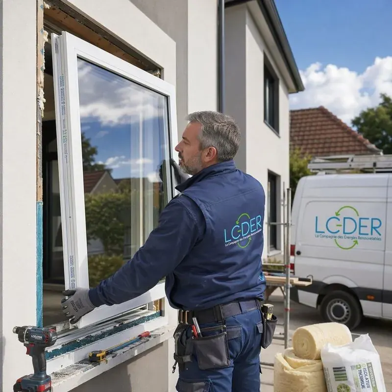 Technicien LCDER installant une fenêtre double vitrage