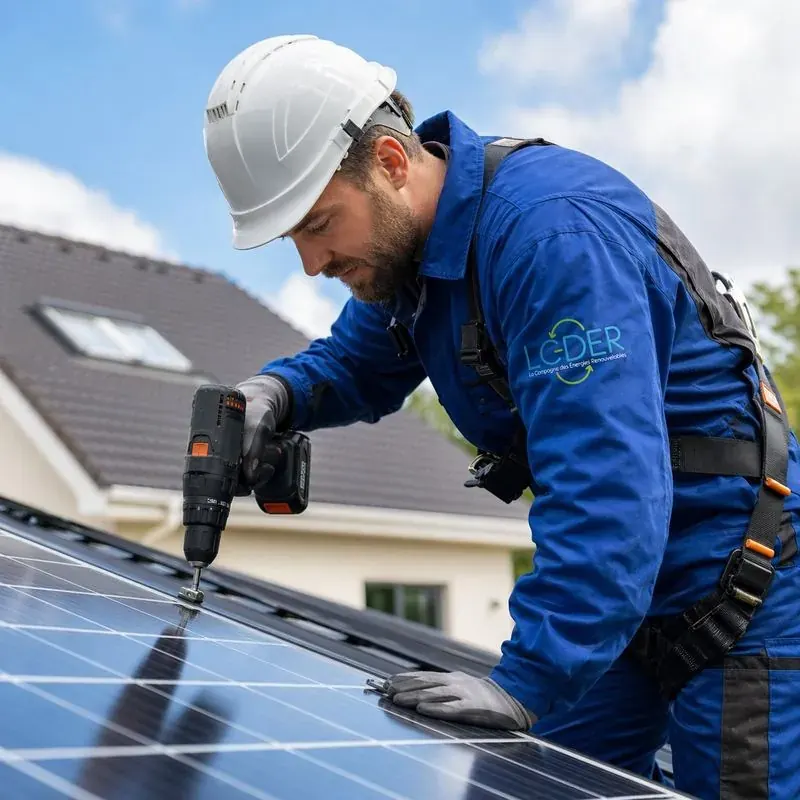 Technicien LCDER installant des panneaux photovoltaïques
