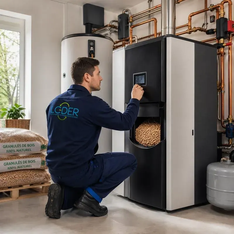 Technicien LCDER installant une chaudière biomasse à granulés