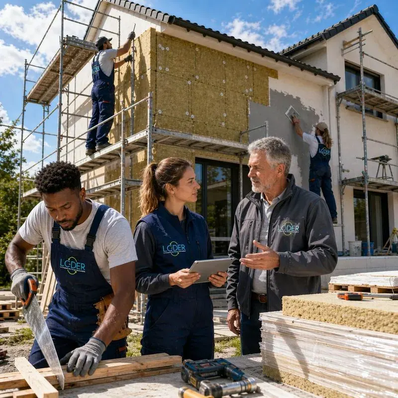 Équipe LCDER au complet sur chantier de rénovation globale (ITE + coordination projet)