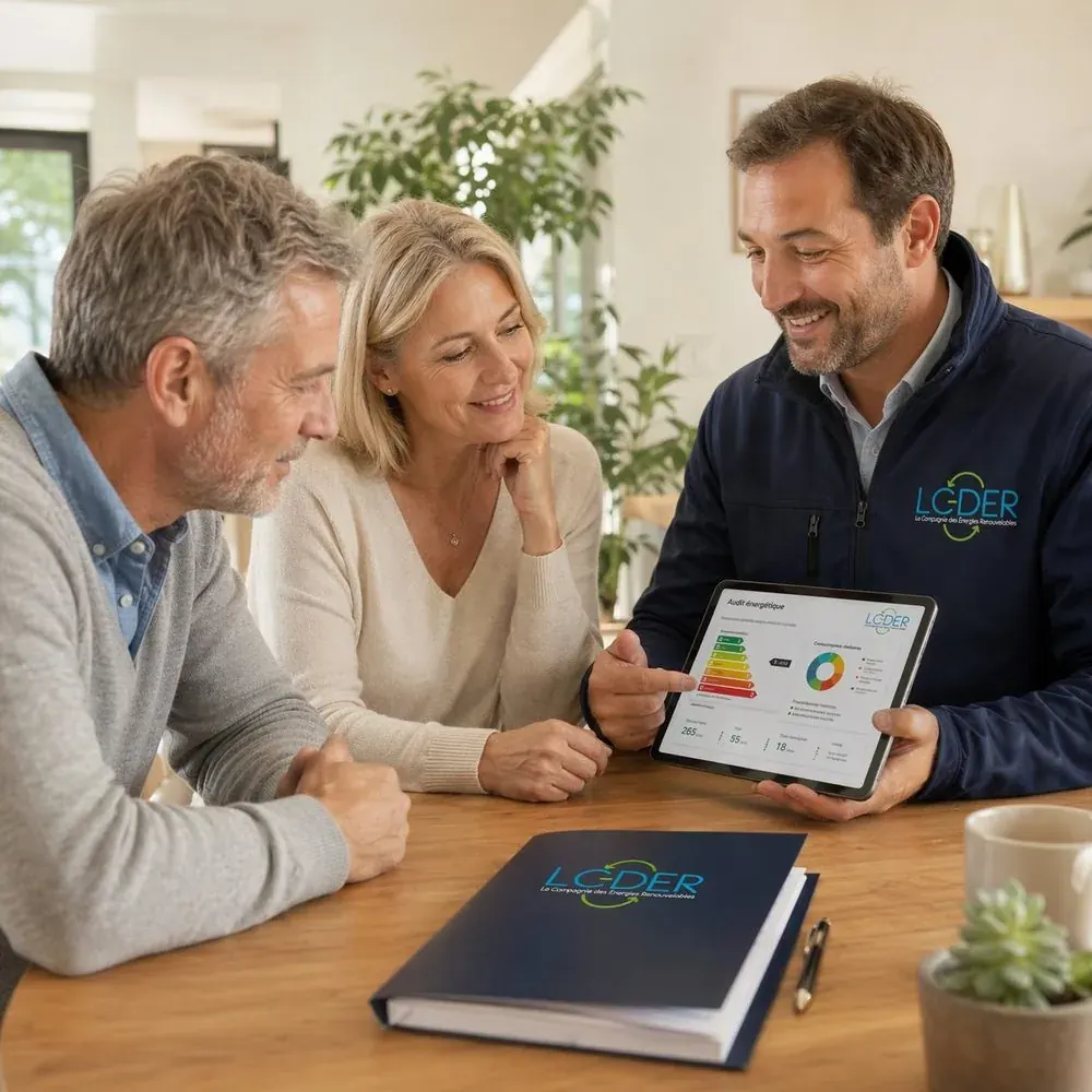 Marc, technicien RGE LCDER, en audit énergétique chez un couple de clients avec tablette et classeur LCDER