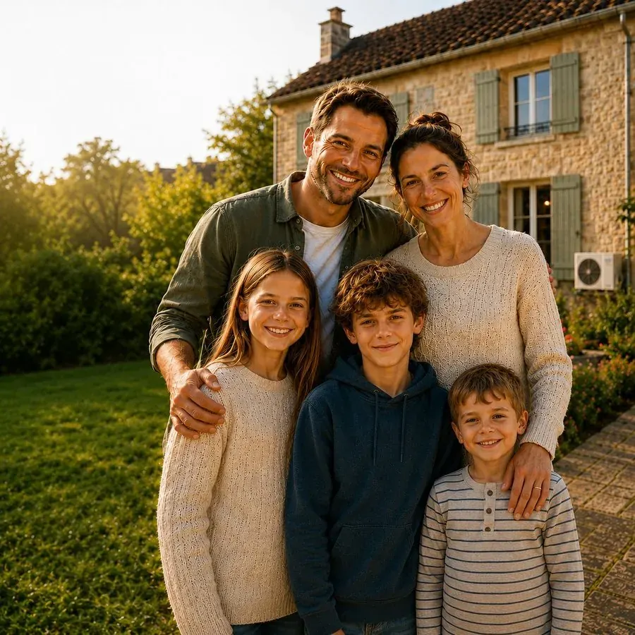 Famille devant sa maison rénovée par LCDER — pompe à chaleur installée