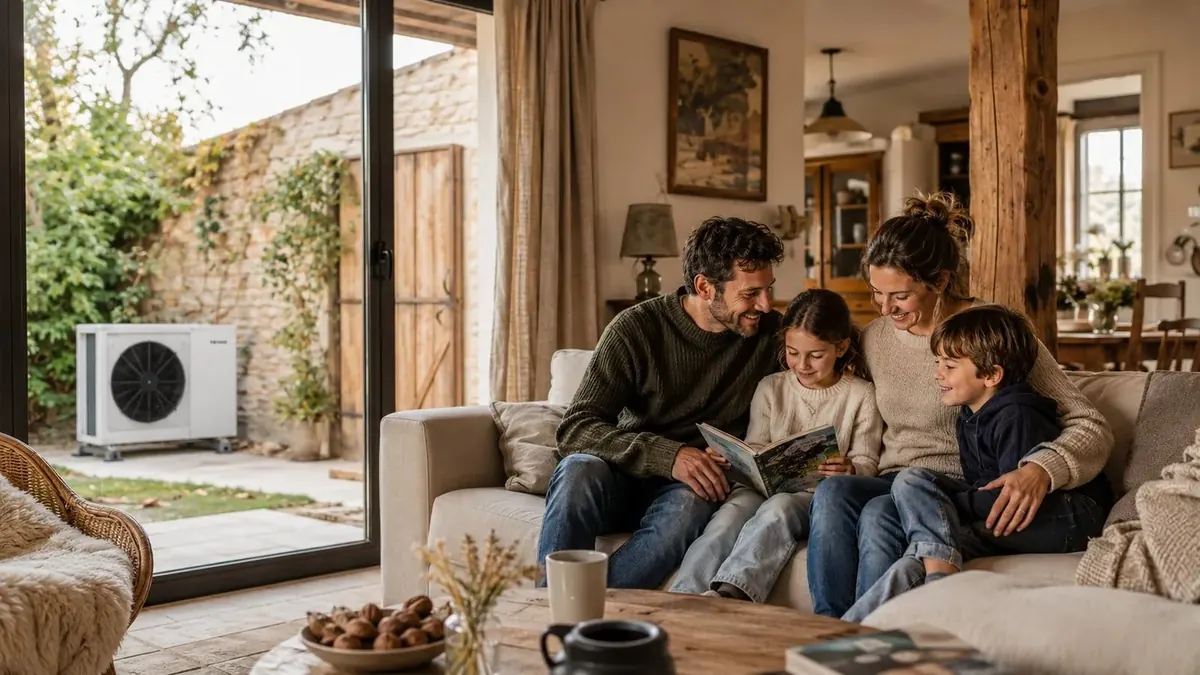 Famille dans son salon, pompe à chaleur installée par LCDER visible à travers la baie vitrée.