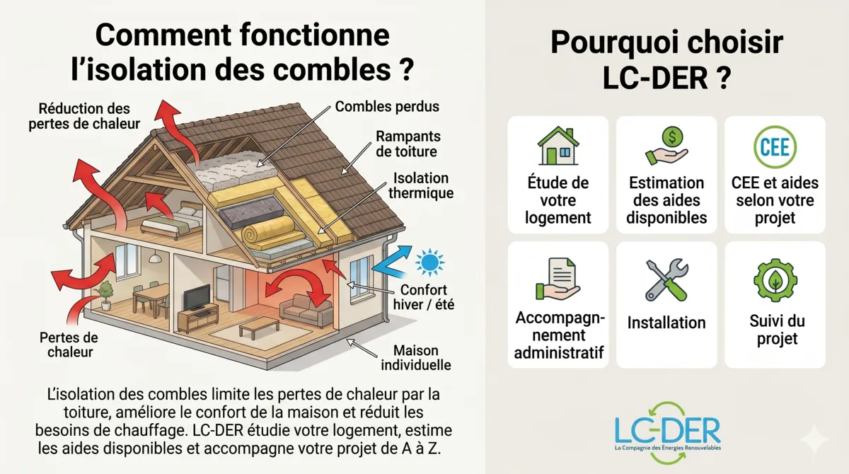Schéma d'isolation des combles avec maison en coupe, combles perdus, rampants de toiture, isolant et réduction des pertes de chaleur